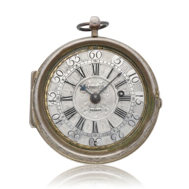 View full screen - View 1 of Lot 71. Swiss or French A silver and enamel oignon watch with mock pendulum bearing the signature Rodet, London Circa 1700.