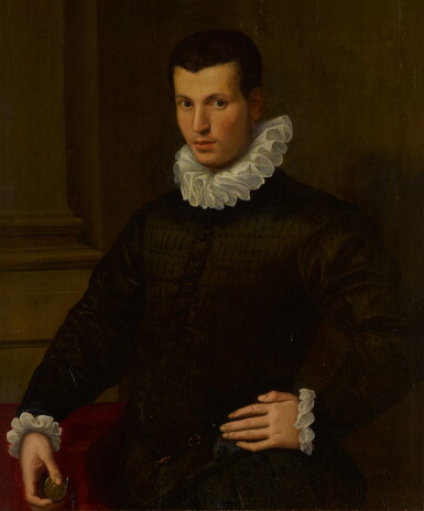 View full screen - View 1 of Lot 138. Portrait of a gentleman in black, holding a medallion.