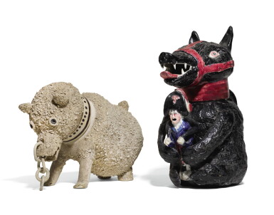 View full screen - View 1 of Lot 69. TWO POTTERY BEAR JUGS AND COVERS, CIRCA 1765 AND 1812.