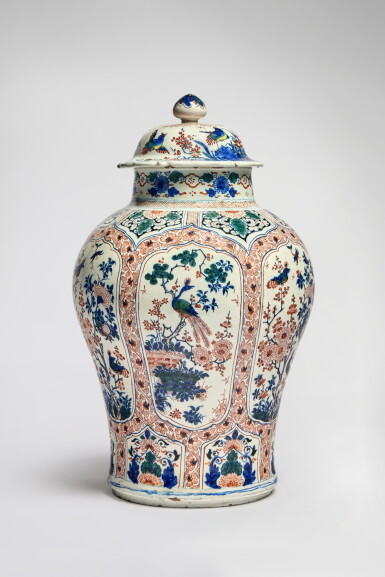 View full screen - View 1 of Lot 509. A Dutch Delft Polychrome Baluster Vase and Cover, circa 1694-1712.