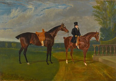 View full screen - View 1 of Lot 152. A ladies bay hunter held by a mounted groom in a park.