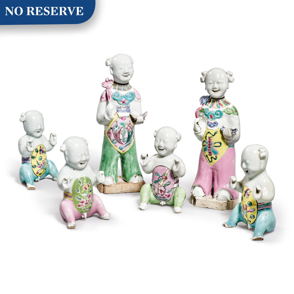 View full screen - View 1 of Lot 472. A Group of Six Chinese Export Famille-rose figures, Qing Dynasty, 18th and 19th Century | 清十八及十九世紀 粉彩童子仕女擺件六件.