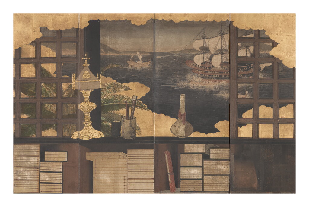 View full screen - View 1 of Lot 4. Anonymous | The arrival of Portuguese ships and scholar's accoutrements | Edo period, 17th century and later.