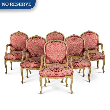View full screen - View 1 of Lot 82. A set of six Louis XV green painted beechwood fauteuils, mid-18th century.