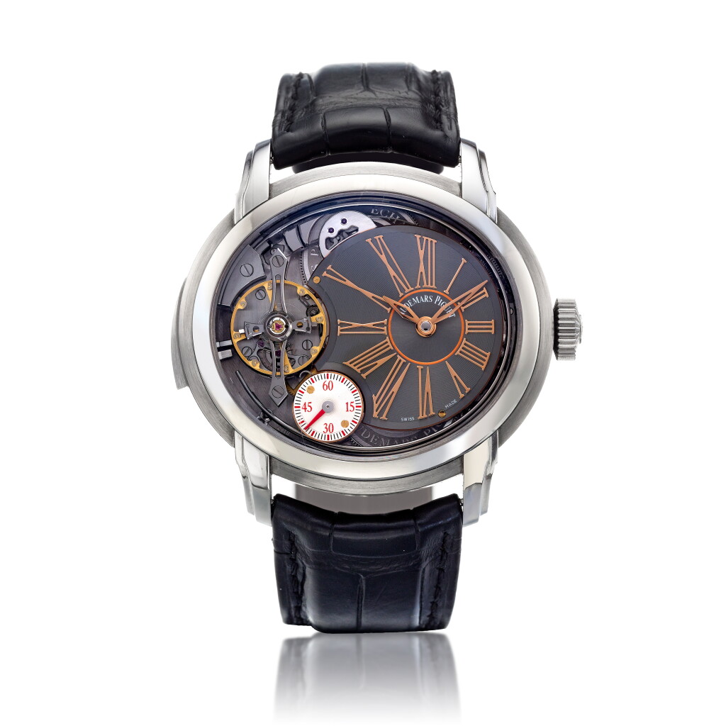 View full screen - View 1 of Lot 85. Millenary Minute Repeater Reference 26371TI.OO.D002CR.01, A limited edition titanium oval semi-skeletonized minute repeating wristwatch, Circa 2012 愛彼 26371TI.OO.D002CR.01 型號 Millenary Minute Repeater 限量版鈦金屬半鏤空三問腕錶,約2012年製.