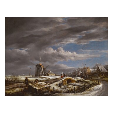 View full screen - View 1 of Lot 117. JOHN CONSTABLE, R.A. | A WINTER LANDSCAPE WITH WITH FIGURES ON A PATH, A FOOTBRIDGE AND WINDMILLS BEYOND (AFTER JACOB VAN RUISDAEL).