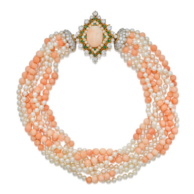 View full screen - View 1 of Lot 130. Coral, Cultured Pearl, Emerald and Diamond Necklace.