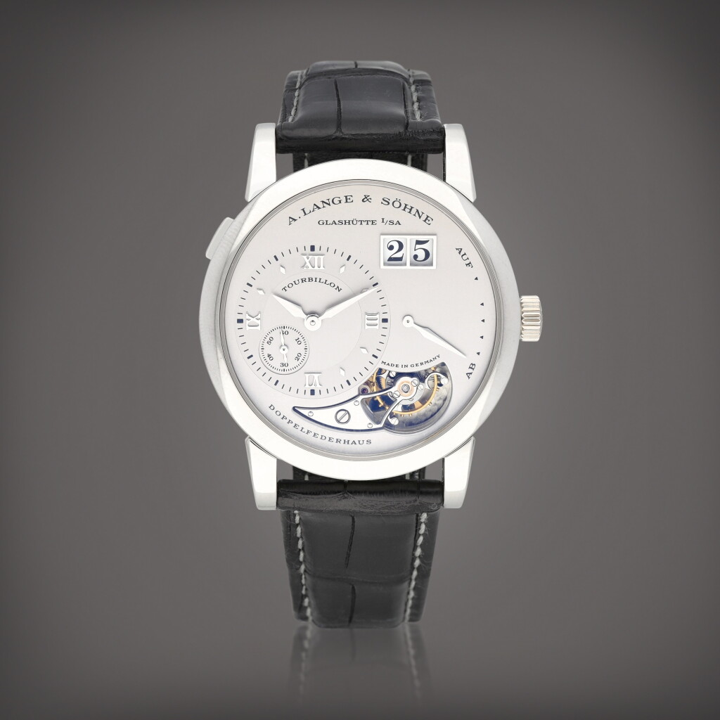View full screen - View 1 of Lot 17. Lange 1 'Centennial' Tourbillon, Reference 704.025 A limited edition platinum tourbillon wristwatch with digital date display and power reserve indication Circa 2001 | 朗格 | Lange 1 'Centennial’ Tourbillon 型號 704.025 限量版鉑金陀飛輪腕錶備數字日期及動力儲存顯示,製作年份約 2001.