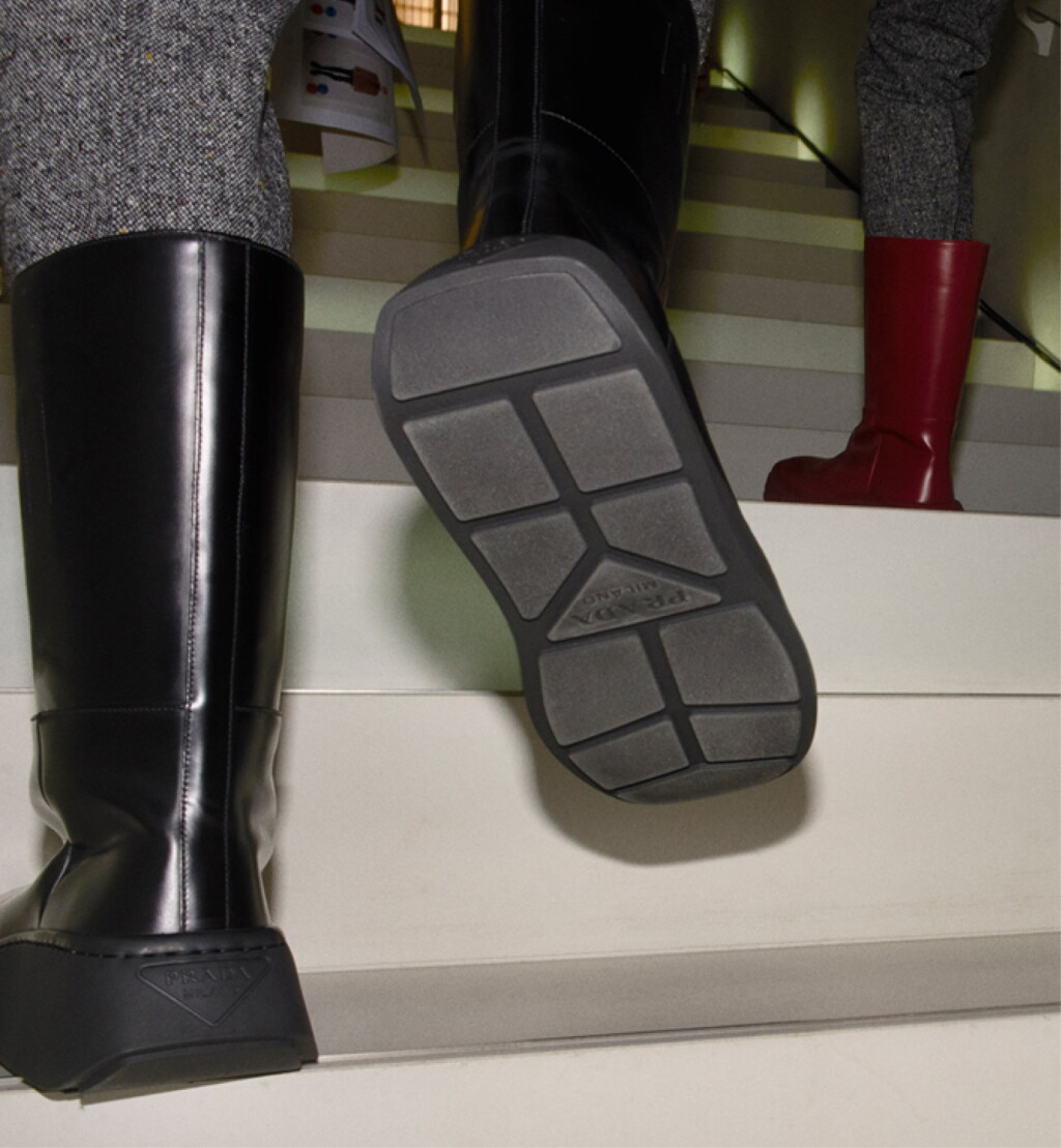 View full screen - View 1 of Lot 71.  PRADA | ORIGINAL BLACK LEATHER BOOTS FROM THE SHOW.