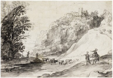 View full screen - View 1 of Lot 31. Italian landscape with hill-top town and herdsmen .
