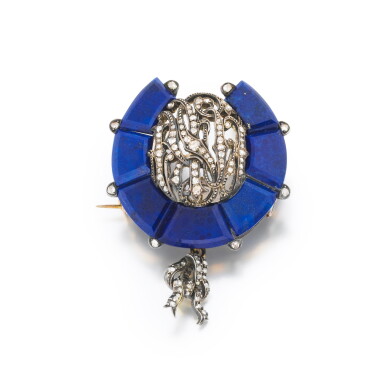 View full screen - View 1 of Lot 332. Broche-pendentif lapis-lazuli et diamants | Lapis-lazuli and diamond brooch-pendant.