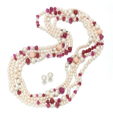 View full screen - View 1 of Lot 95. Cultured pearl, ruby, coral and diamond long chain and earrings (Collana in perle coltivate, corallo, rubini e diamanti e un paio di orecchini).