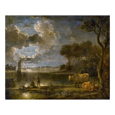 View full screen - View 1 of Lot 133. FOLLOWER OF AERT VAN DER NEER | MOONLIT RIVER LANDSCAPE WITH BOATS, FISHERMAN AND COWS.