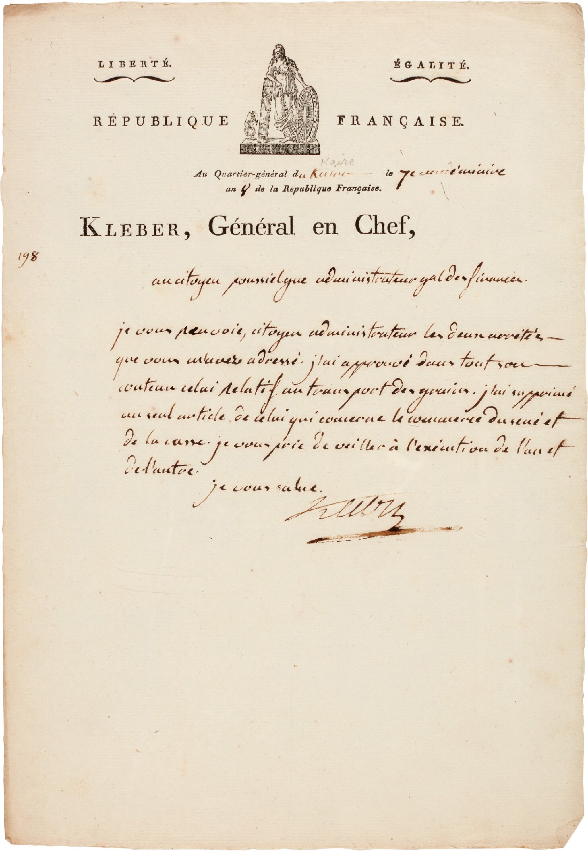 Kleber Letter Signed As Commander Of The French Army In Egypt 1799 Collection Of A Connoisseur History In Manuscript Part 221 Sotheby S