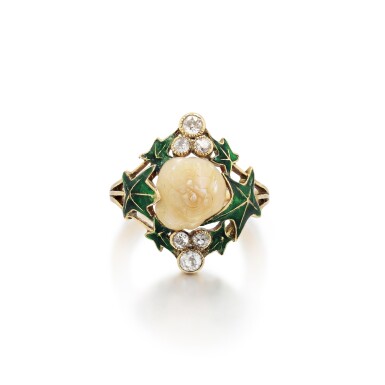 View full screen - View 1 of Lot 22. Bague perle fine, émail et diamants | Natural pearl, enamel and diamond gold.