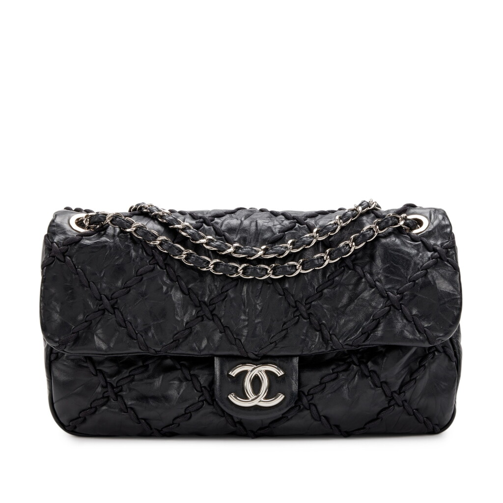 View full screen - View 1 of Lot 189. Black Quilted Wrinkled Calfskin Ultra Stitch Flap Bag Silver Hardware, 2009-2010.