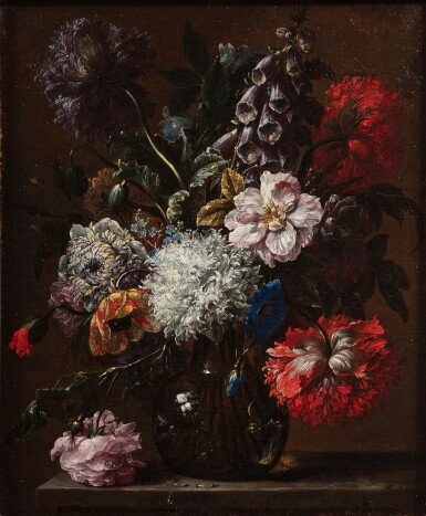View full screen - View 1 of Lot 27. Still-life of flowers in a glass vase upon a stone table | Bouquet de fleurs dans un vase.