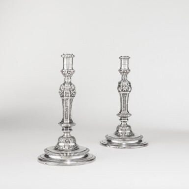 View full screen - View 1 of Lot 301. A pair of French silver candlesticks, the widow Pétronille Tiron, Lille, 1736-1737.