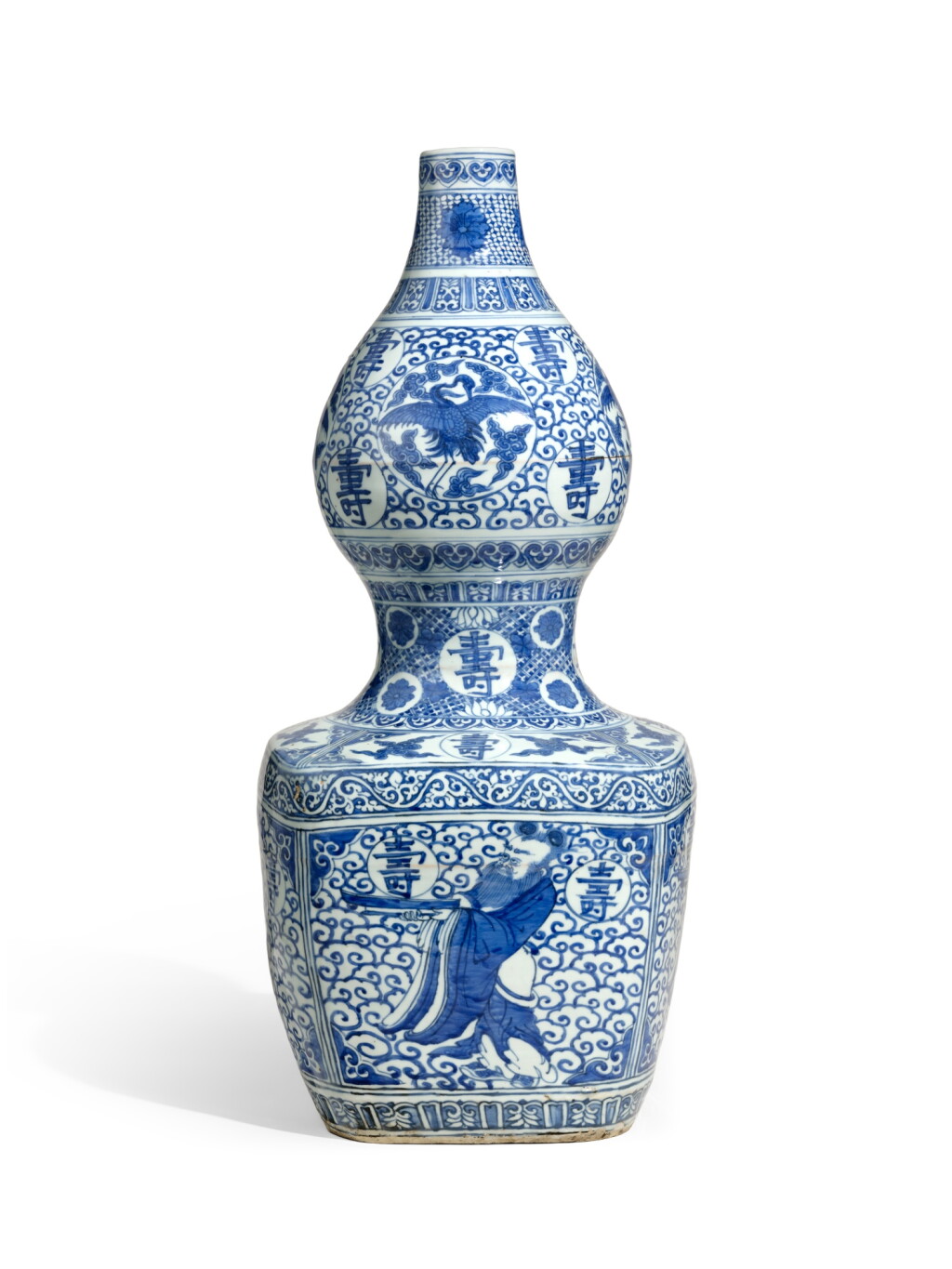 View full screen - View 1 of Lot 2170. A large blue and white 'longevity' double gourd vase, Ming dynasty, Jiajing–Wanli period | 明嘉靖至萬曆 青花壽翁雲鶴紋天圓地方葫蘆瓶.