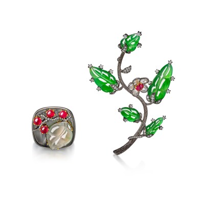 View full screen - View 1 of Lot 1691. JADEITE AND DIAMOND BROOCH; AND RING | 天然翡翠 配 鑽石 胸針 及 戒指.