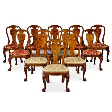 View full screen - View 1 of Lot 121. A Rare Set of Twelve George II Burr Walnut Side Chairs, Attributed to Giles Grendey, Second Quarter 18th Century.