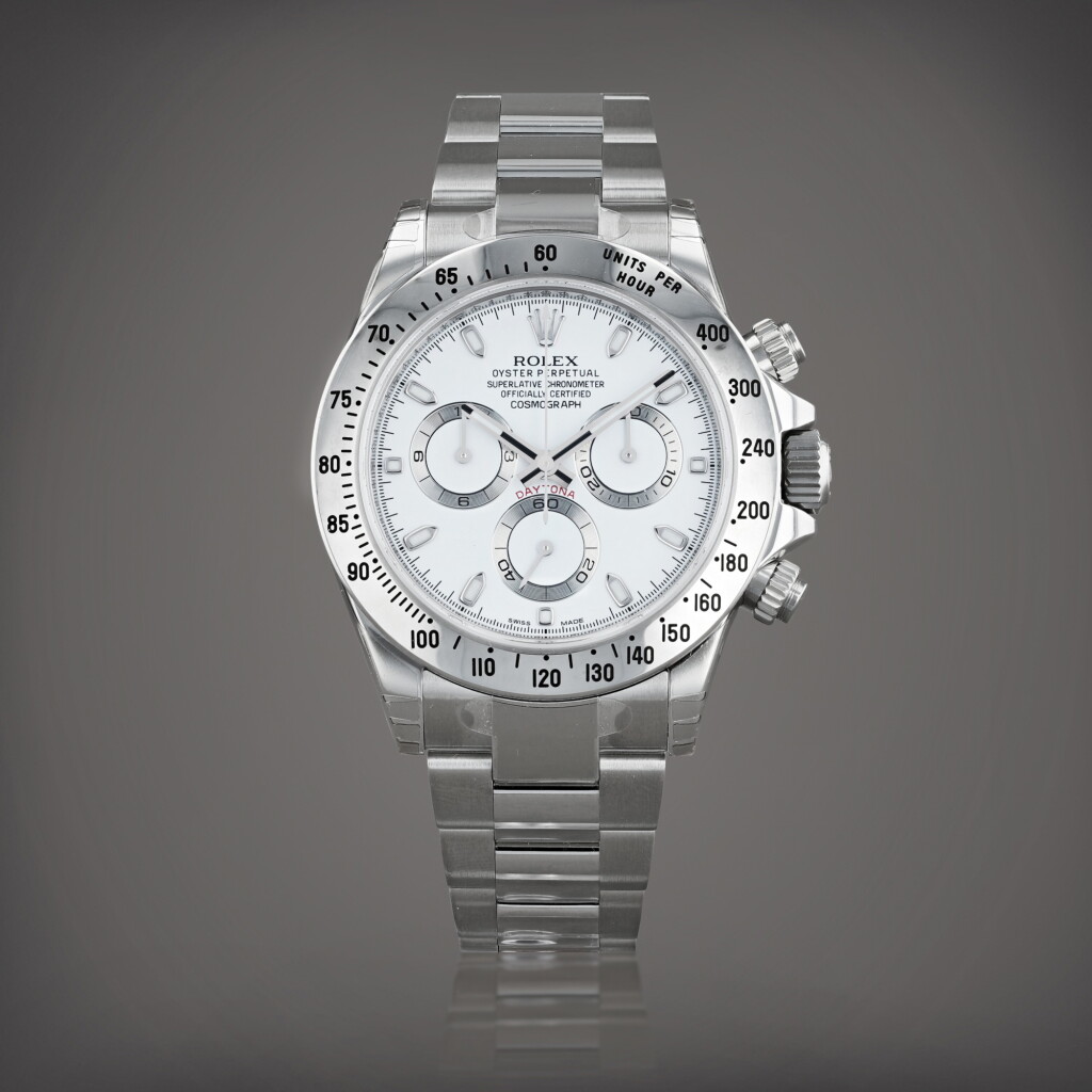 View full screen - View 1 of Lot 611. Daytona 'stickered', reference 116520 Montre bracelet chronographe en acier | Stainless steel chronograph wristwatch with bracelet Vers 2012 | Circa 2012.