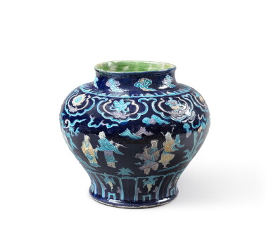 View full screen - View 1 of Lot 26. A large fahua-glazed 'immortals' jar Ming dynasty, 16th century | 明十六世紀 琺華神仙故事圖罐.