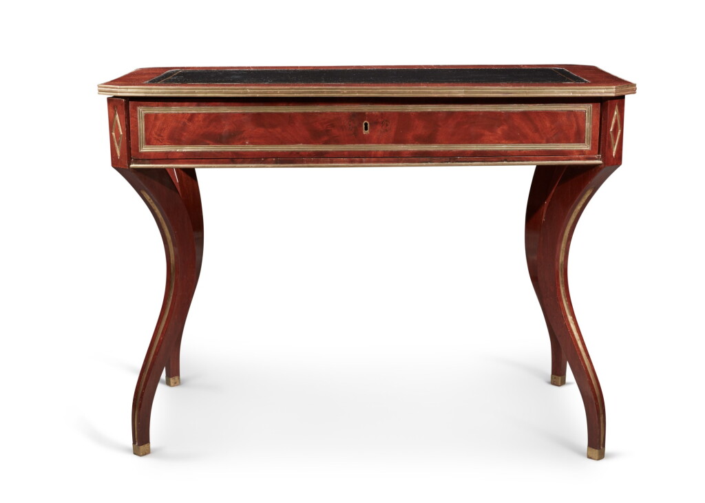 View full screen - View 1 of Lot 165. A Russian Neoclassical Brass-Mounted and Inlaid Mahogany Writing Table, 19th Century.