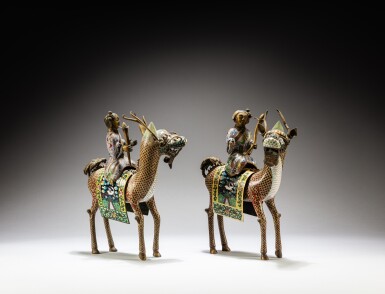 View full screen - View 1 of Lot 2. A pair of gilt-bronze and cloisonné enamel figures of immortal on a qilin, Qing dynasty, 19th century | 清十九世紀 掐絲琺瑯纏麒麟送子擺件.