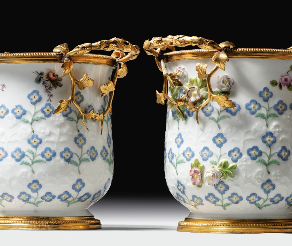 View full screen - View 1 of Lot 50. A PAIR OF LOUIS XV GILT-BRONZE MOUNTED MEISSEN PORCELAIN SEAUX À BOUTEILLE, CIRCA 1750 | PAIRE DE SEAUX À BOUTEILLE EN PORCELAINE DE MEISSEN À MONTURE EN BRONZE DORÉ D'ÉPOQUE LOUIS XV, VERS 1750,.