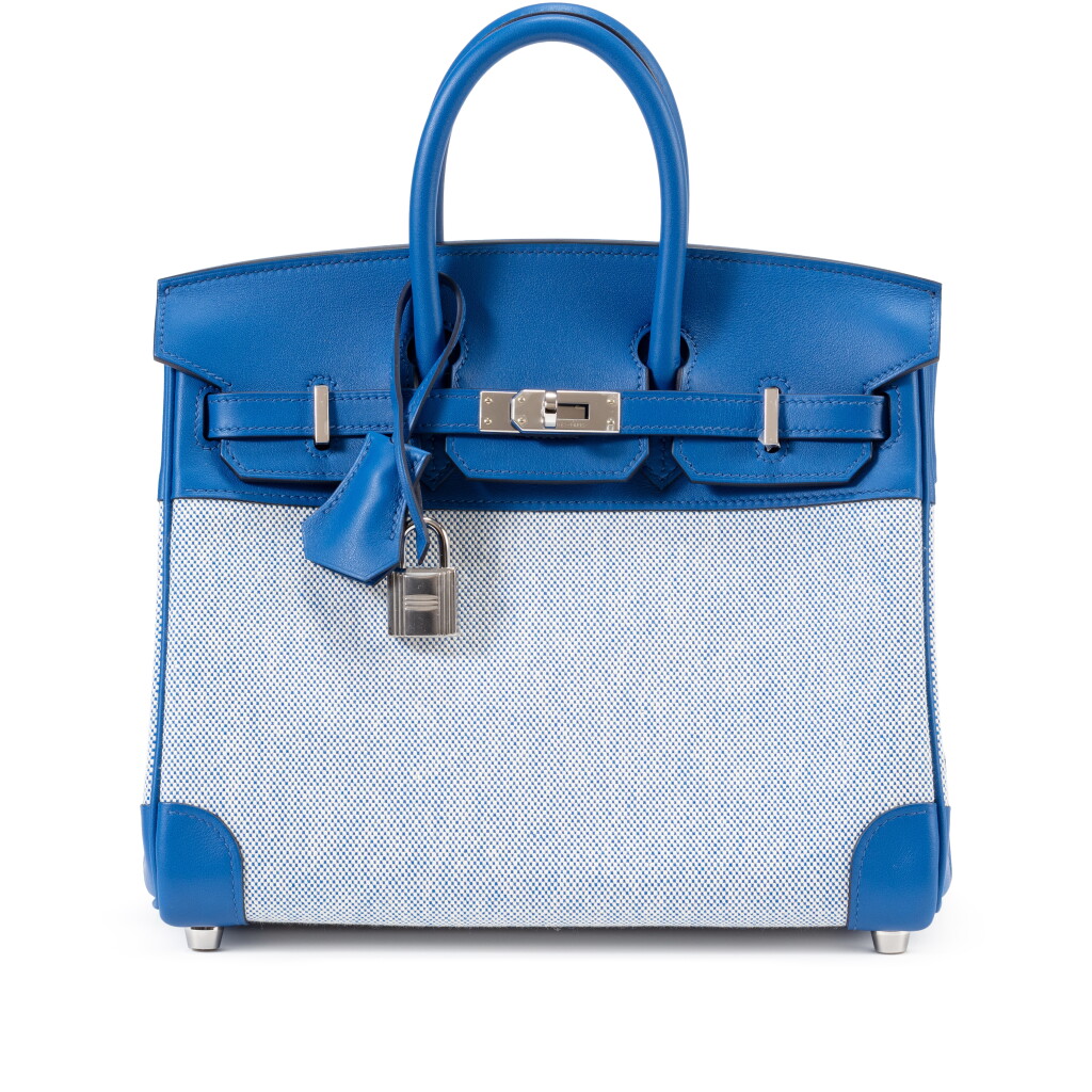 View full screen - View 1 of Lot 457. Bleu France Swift And Bleu, Beige Toile Quadrillée H Birkin 25 Palladium Hardware, 2022.