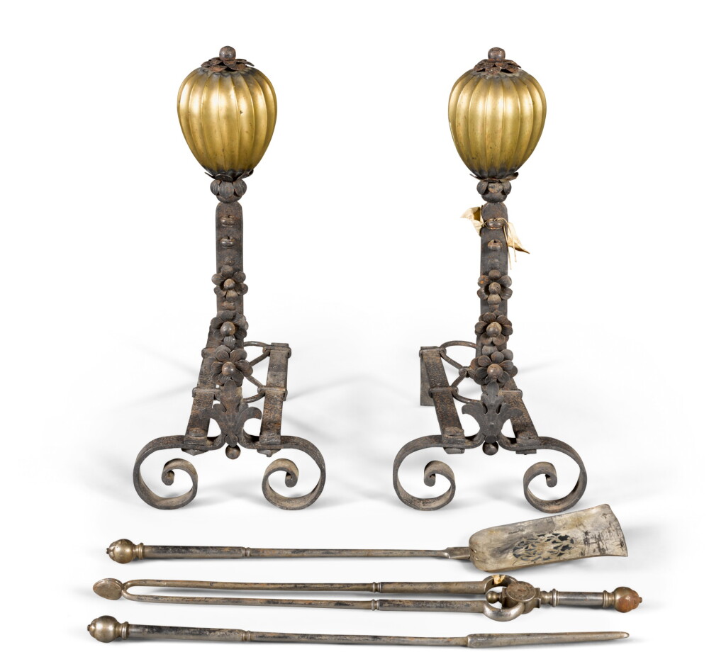 View full screen - View 1 of Lot 77. A large pair of Victorian brass mounted cast iron andirons, possibly designed by J. H. Pollen and by Joshua Hart & Son, circa 1860.