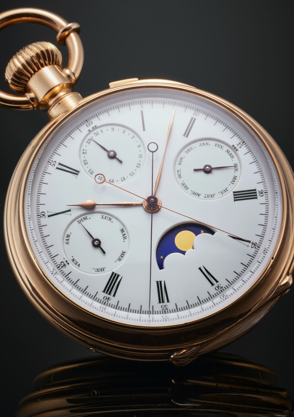 View full screen - View 1 of Lot 57. A fine, unusual and large pink gold open-faced keyless two train perpetual calendar watch with moon phases, independent centre seconds and additional central jumping seconds hand with stop slide, Circa 1890.