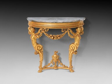 View full screen - View 1 of Lot 55. A Louis XVI carved giltwood console table, circa 1780 | Table-console en bois redoré et marbre bleu turquin d'époque Louis XVI, vers 1780.