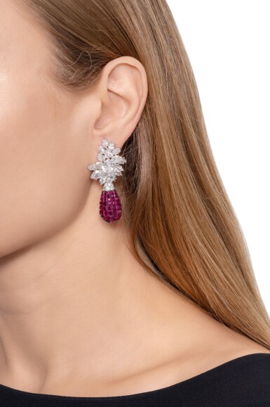 View full screen - View 4 of Lot 26. Pair of Diamond Earclips and 'Mystery-Set' Ruby Pendants, the Pendants by Van Cleef & Arpels.