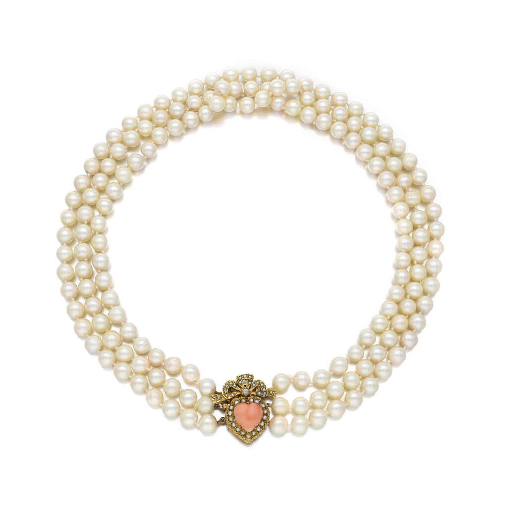 View full screen - View 1 of Lot 130. Cultured pearl, coral and seed pearl necklace, 1981.