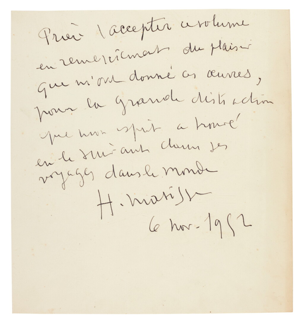 View full screen - View 1 of Lot 99. Henri Matisse | autograph letter signed, about the illustrated book "La femme sacrée", 1952.