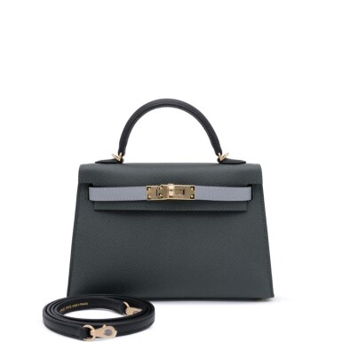 View full screen - View 1 of Lot 12. Limited Edition Vert Mangrove, Gris Pantin and Black Epsom Tri-Color Mini Kelly II 20 Permabrass Hardware, 2025.