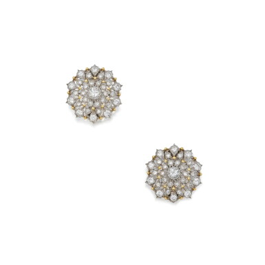 View full screen - View 1 of Lot 302. Pair of Two-Color Gold and Diamond Earclips.