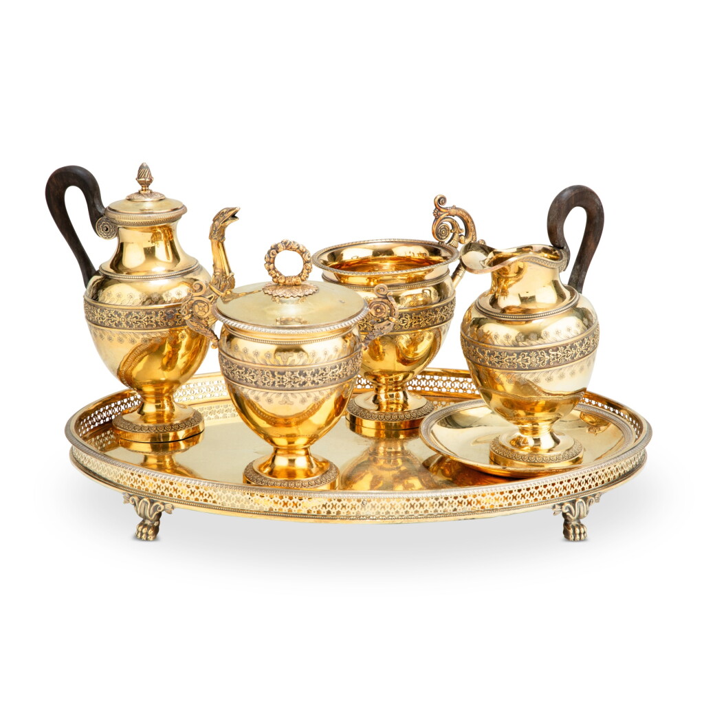View full screen - View 1 of Lot 1100. A silver-gilt tea service, F.A.B. Boulanger, Paris, 1819-1838 | Service égoïste à thé en vermeil par F.A.B. Boulanger, Paris, 1819-1838.
