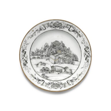 View full screen - View 1 of Lot 250. A grisaille and gilt 'Nativity' plate, Qing dynasty, Qianlong period.