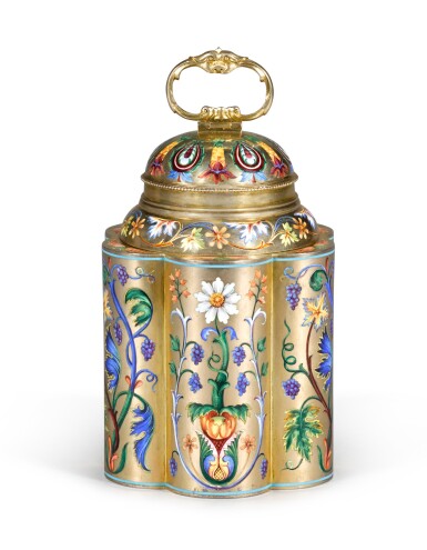 View full screen - View 1 of Lot 200. A silver-gilt and champlevé enamel tea caddy, Ivan Khlebnikov, Moscow, 1899-1908.