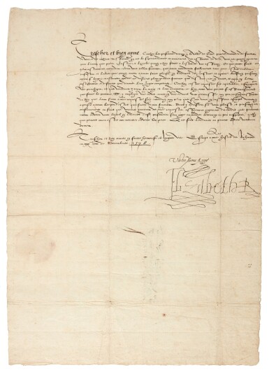 View full screen - View 1 of Lot 189. Elizabeth I | Letter signed, interceding on behalf of political prisoners in Ghent, to Jan van Hembyze, 1578.