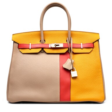 View full screen - View 1 of Lot 1126. Limited Edition Gris Tourterelle and Moutarde Clemence and Sanguine Swift Casacde Birkin 35 Brushed Palladium Hardware, 2012.