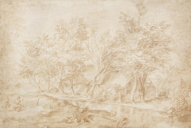 View full screen - View 1 of Lot 70. Farm buildings on a wooded riverbank, with a fisherman mending nets.