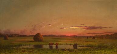 View full screen - View 1 of Lot 8. Sunset Landscape, Cattle Drinking.