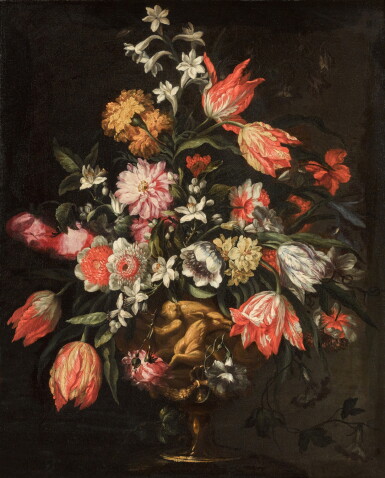 View full screen - View 1 of Lot 26. Still life with flowers in a sculpted vase decorated with a putto and wolf.