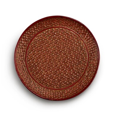 View full screen - View 1 of Lot 2512. A very rare carved polychrome lacquer tray, Southern Song - Yuan dynasty | 南宋至元 剔彩鎖甲紋圓盤.