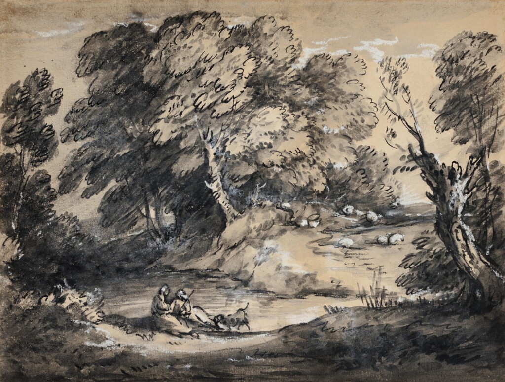 View full screen - View 1 of Lot 85. Wooded Landscape with Cattle and Sheep at a Watering Place, and Rustic lovers.