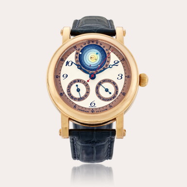 View full screen - View 1 of Lot 569. Planetarium 2000 | A pink gold automatic wristwatch with month, date, and planetarium aperture depicting the relative placement of the planets around the sun, Circa 2005.